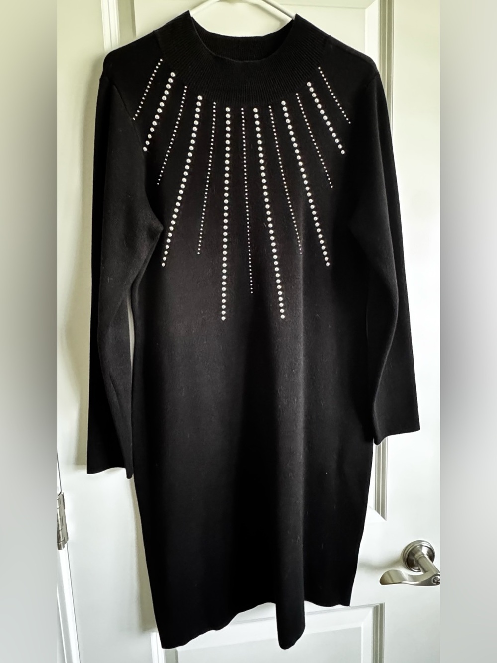 Nina Leonard Black Long Sleeve Studded Knit Dress